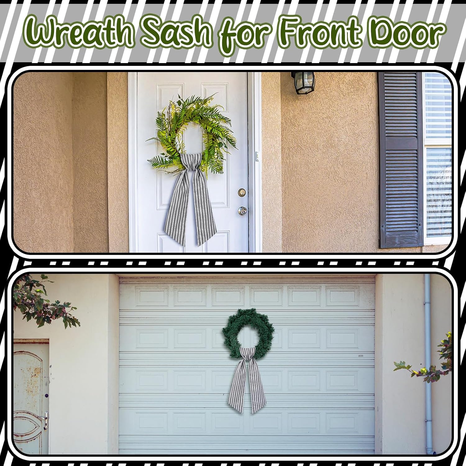 Wreath Sash for Front Door Wreath Satin Sash Blank Sashes Embroidery Monogram Yard Doorway Indoor Outdoor Wall Ribbon Bow Home Decor(Black, White,Stripe)